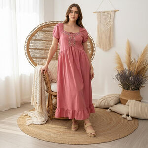 Blueberi Boulevard Embroidered Milk Maid Dress Coral Pink Puff Sleeve Ruffle Hem